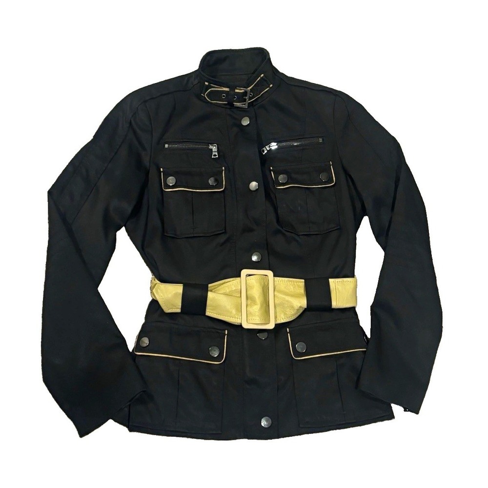 ZARA Basic Womens Black Military Jacket Belted Zip Contrast Trim Lined Size S